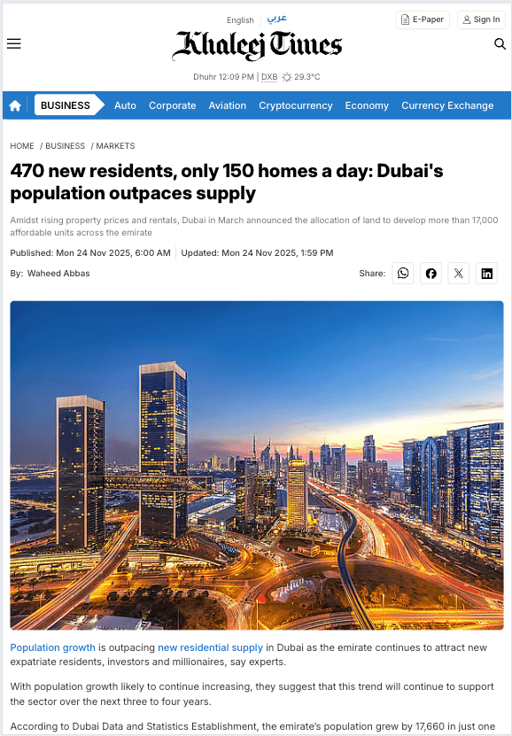470 new residents, only 150 homes a day: Dubai's population outpaces supply