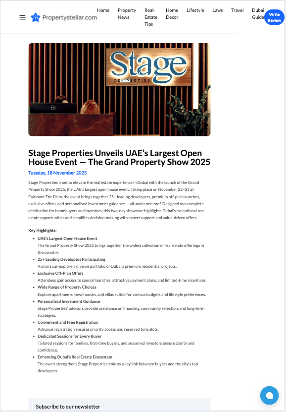 Stage Properties Unveils UAE’s Largest Open House Event — The Grand Property Show 2025